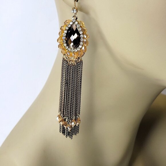 Gold and Black Long Tassel Earrings - Picture 1 of 9
